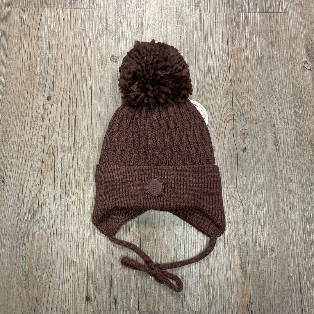 Coffee CaliKids Fur Lined Knit Pom Hat with Tie, 9-18M