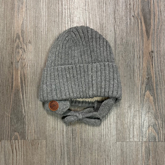 Grey CaliKids Fur Lined Knit Pom Hat with Tie, 9-18M