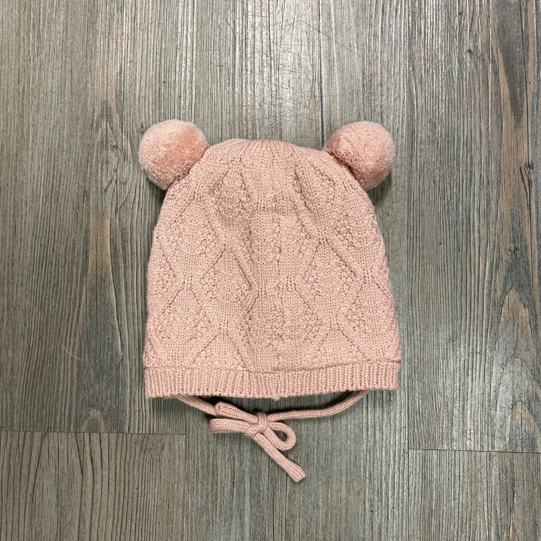 Rose Dust CaliKids Fur Lined Knit Double Pom Hat with Tie, 9-18M