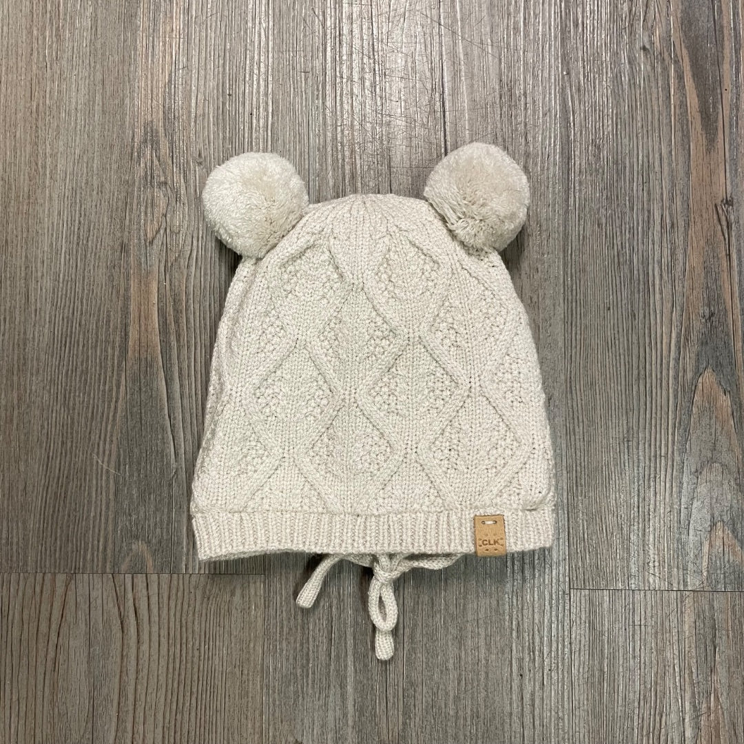 Dark Lilac CaliKids Fur Lined Knit Double Pom Hat with Tie, 9-18M