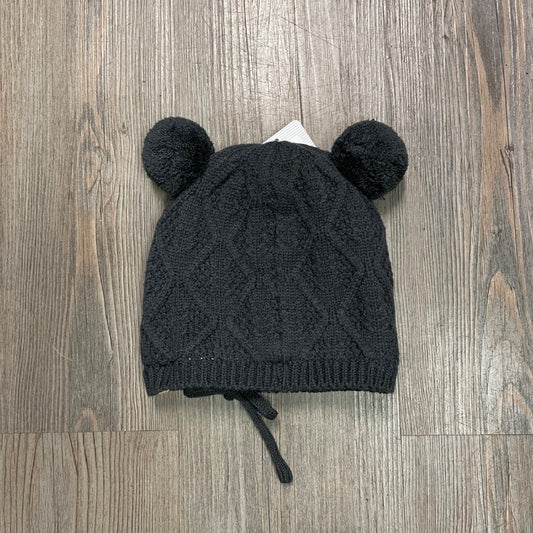 Black Ink CaliKids Fur Lined Knit Double Pom Hat with Tie, 9-18M