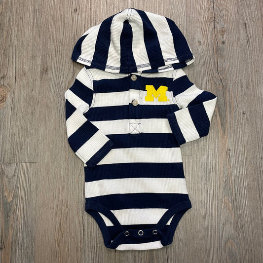 Navy White Striped Gen LS Hooded Onesie, 3-6M