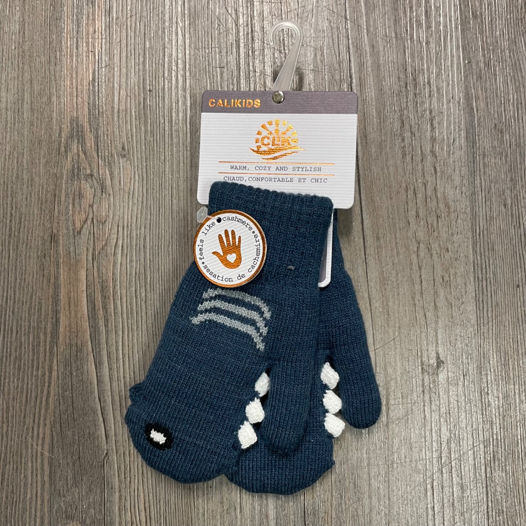 Blue CaliKids Fur Lined Shark Knit Mitts, 2-5Y
