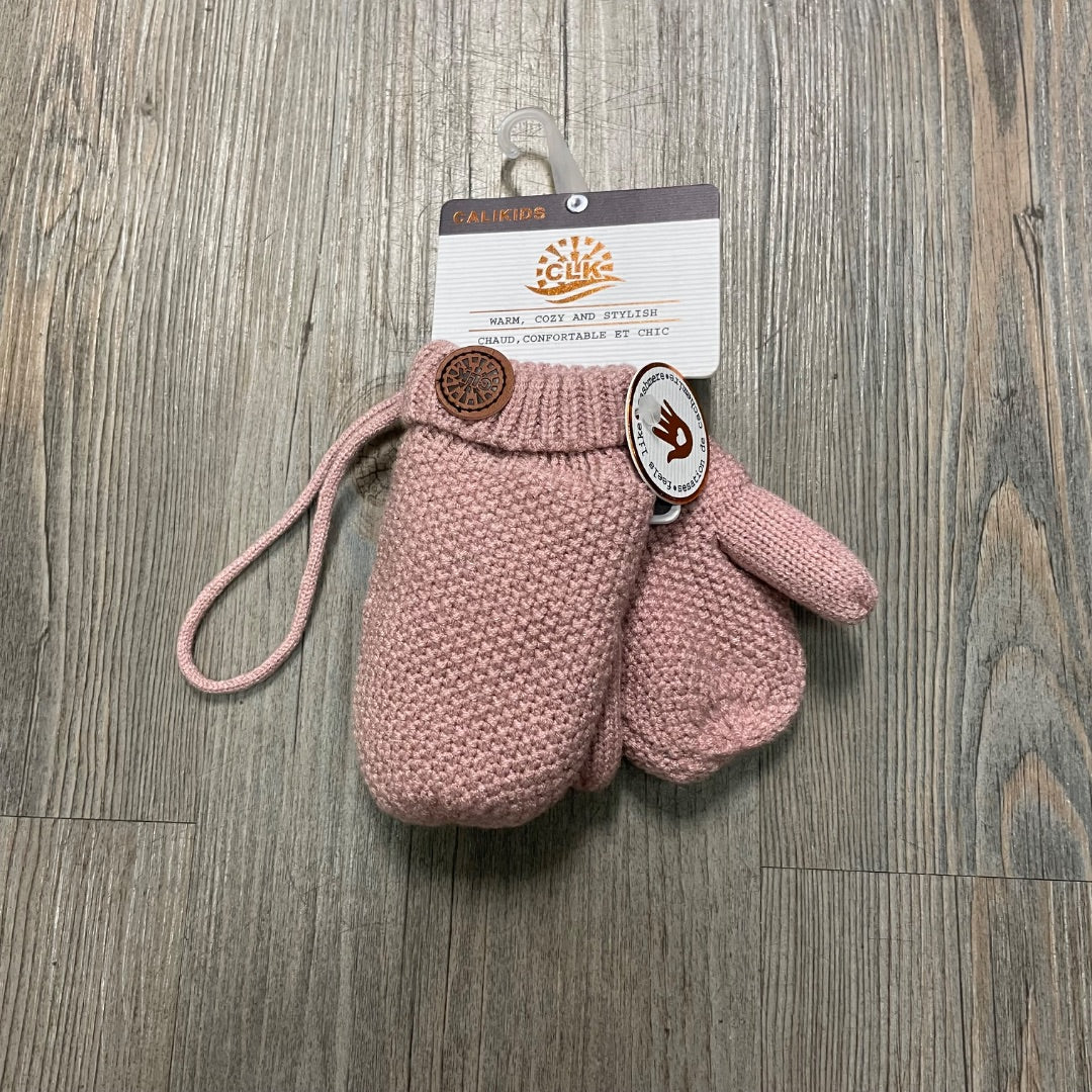 Rose Cendre CaliKids Fur lined Knit Mitts  With String, 9-18M