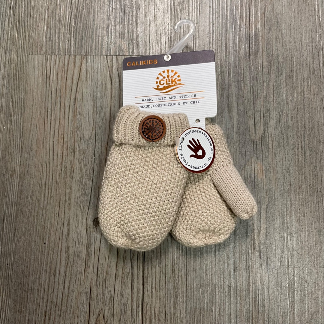 Beige CaliKids Fur lined Knit Mitts  With String, 9-18M