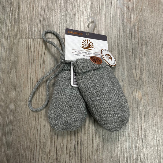 Grey CaliKids Fur lined Knit Mitts  With String, 9-18M