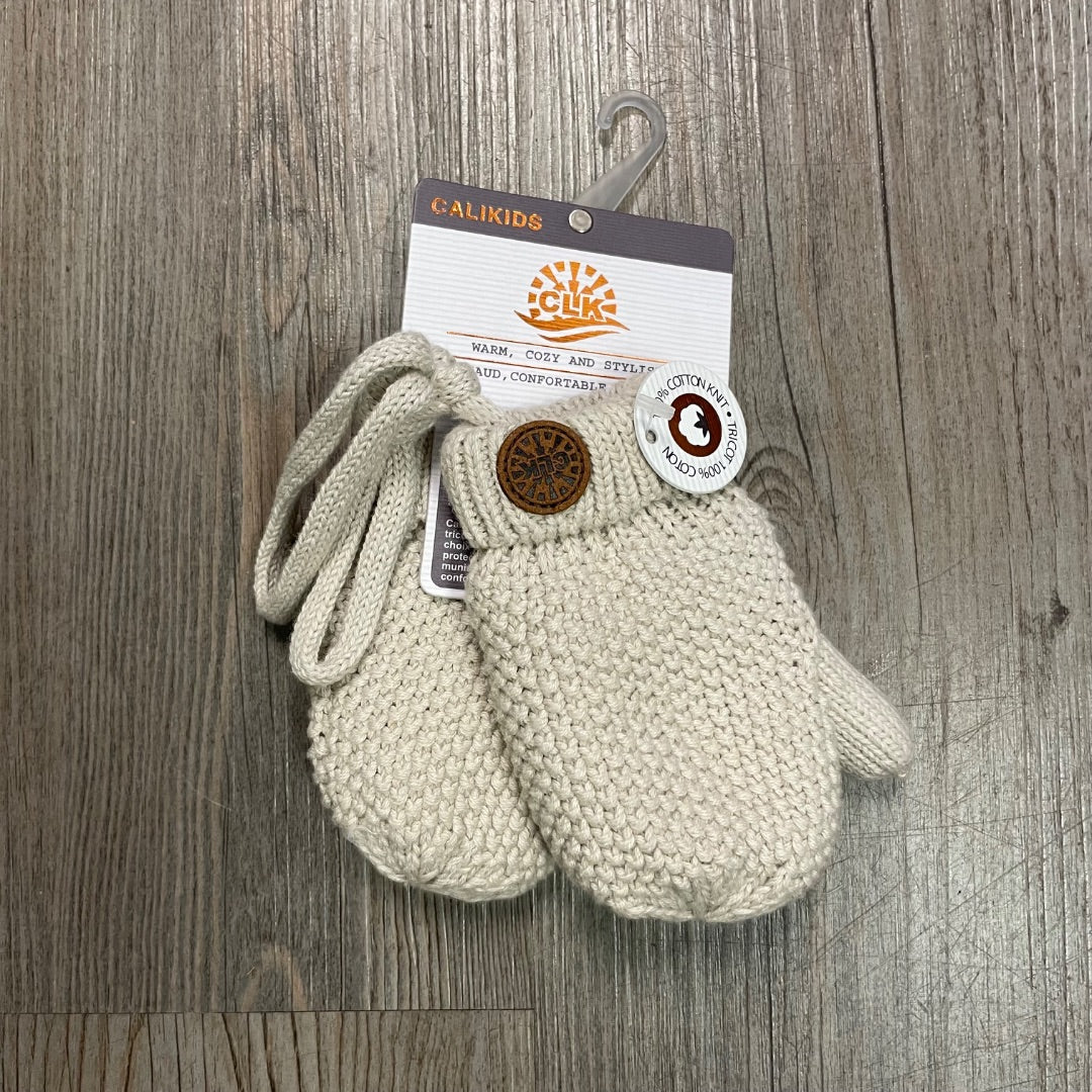 Beige CaliKids Fur lined Knit Mitts  With String, 9-18M