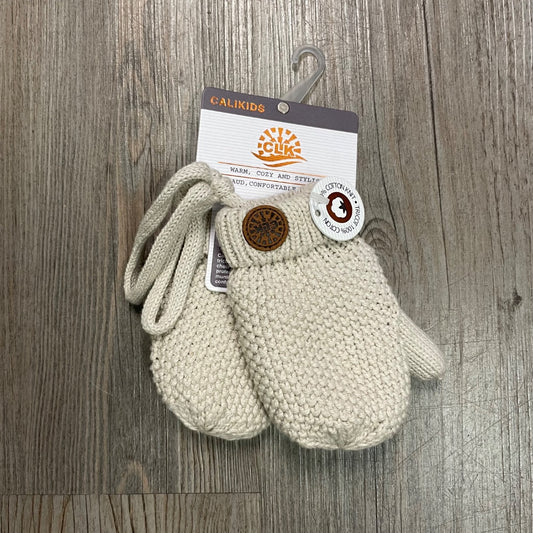 Beige CaliKids Fur lined Knit Mitts  With String, 9-18M