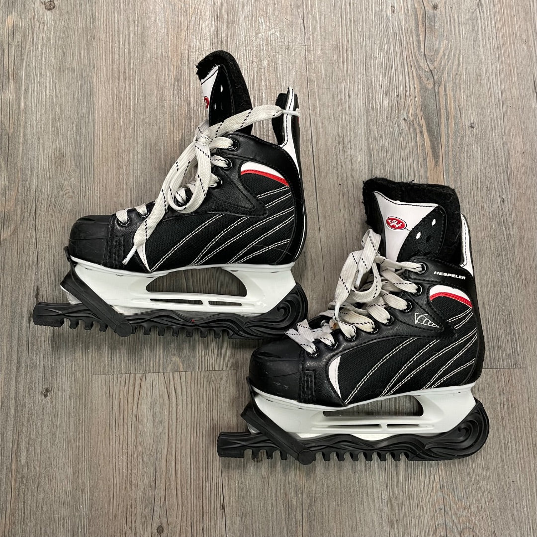 Black Hespeler Hockey Skates + Guard, 2Y