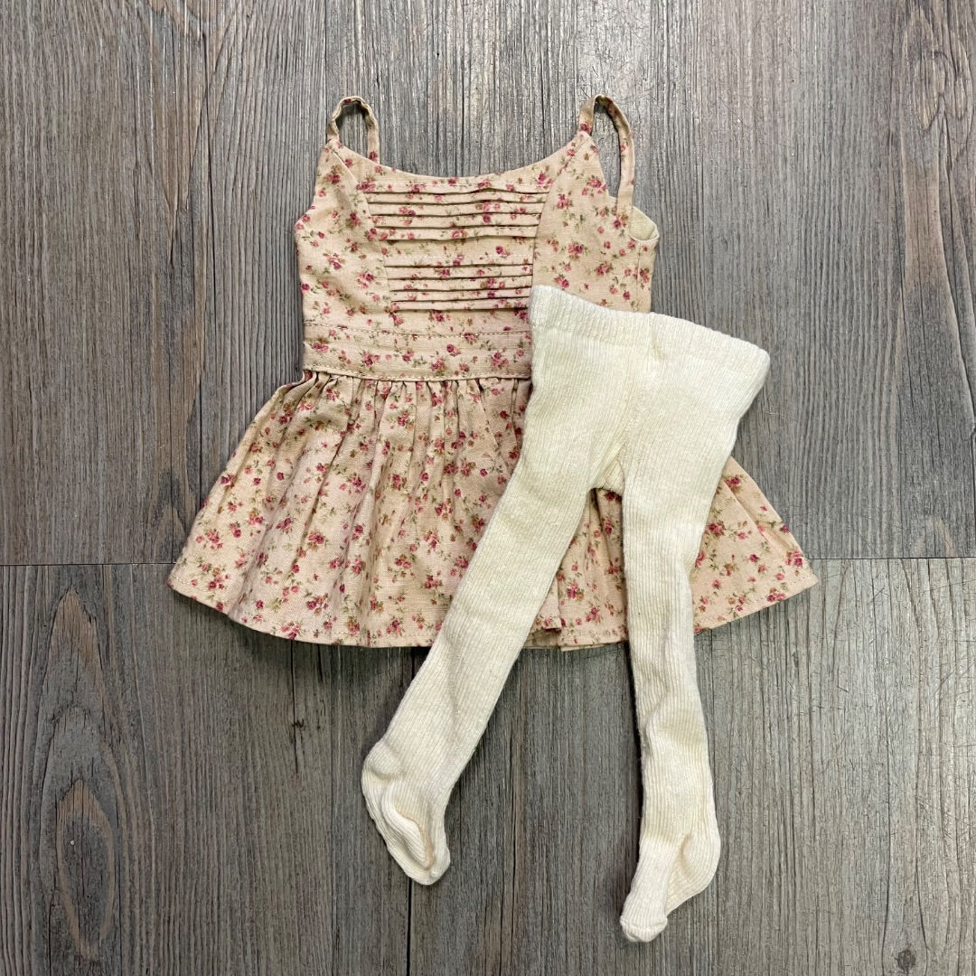 Floral ,Beige  Doll Dress + Tights, 18 Inch Doll