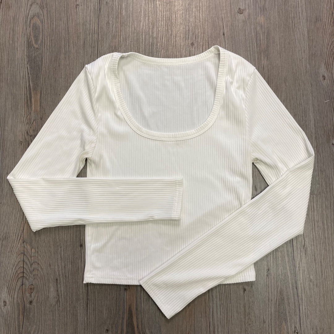 White  Ribbed Low Crew Neck, 14Y+