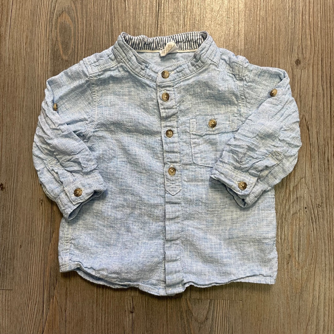 Blue H&M LS  LinenShirt, 6-9M
