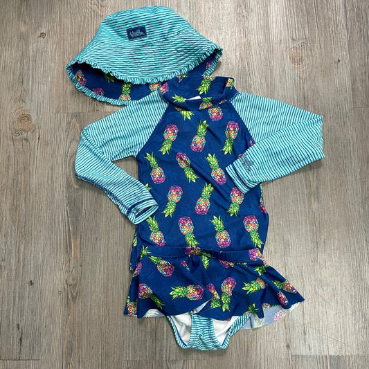 Blue, Fruit Print UV Skinz 3PC Bathing Suit Set, 4Y