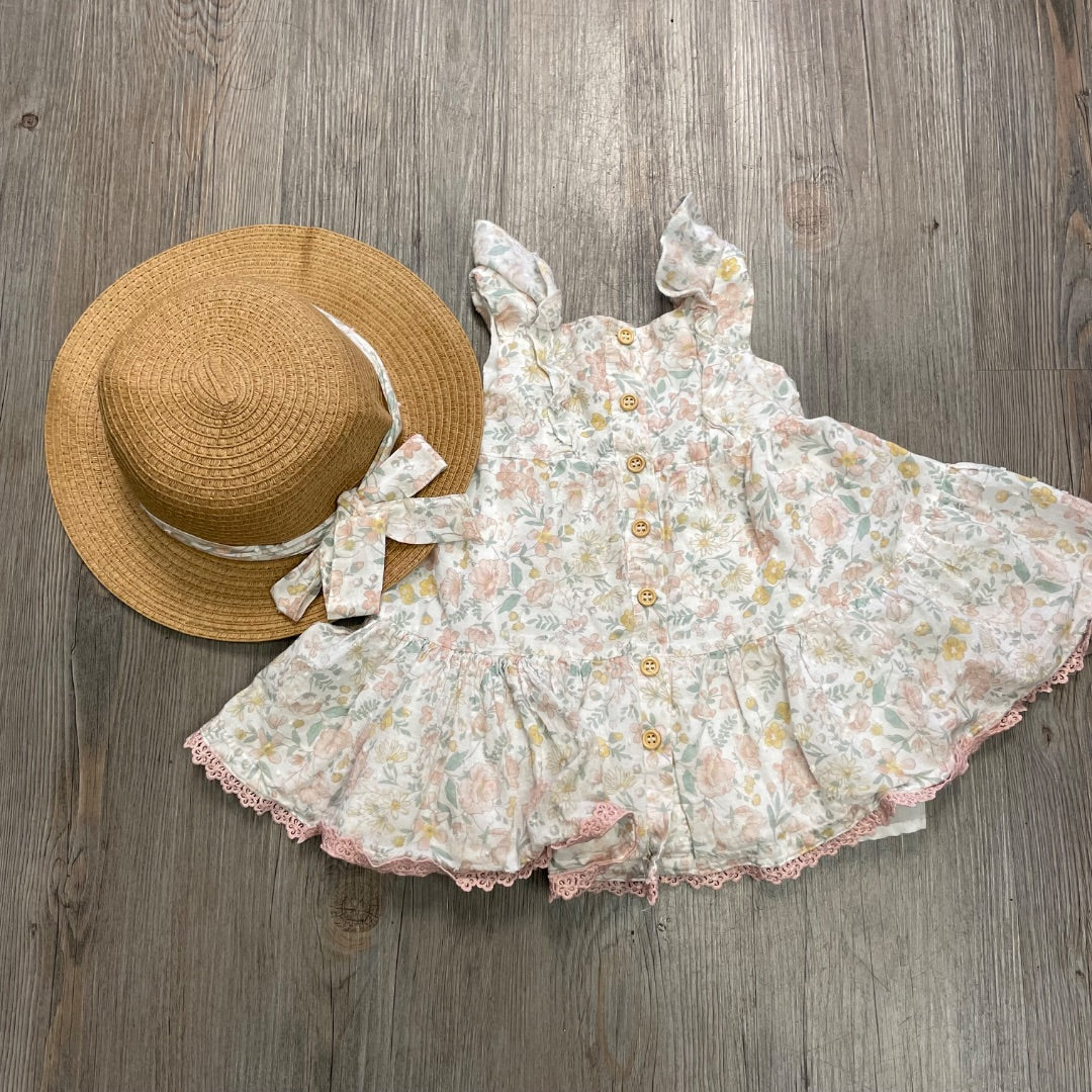 Floral Shabby Chic Summer Dress + Straw Hat, 12M
