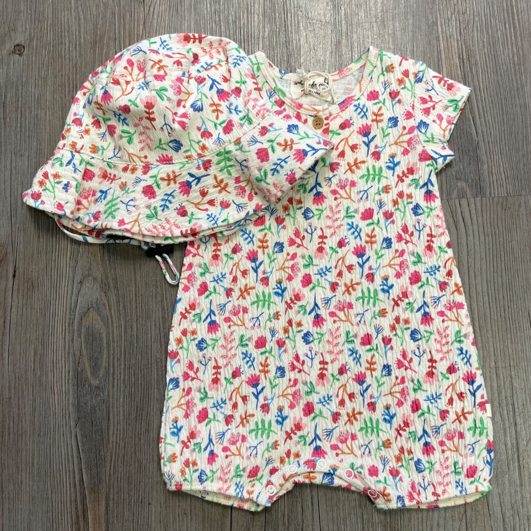 Tropical Garden Wilson & Frenchy Organic Crinkle Henley Playsuit + Bucket Hat, 3-6M