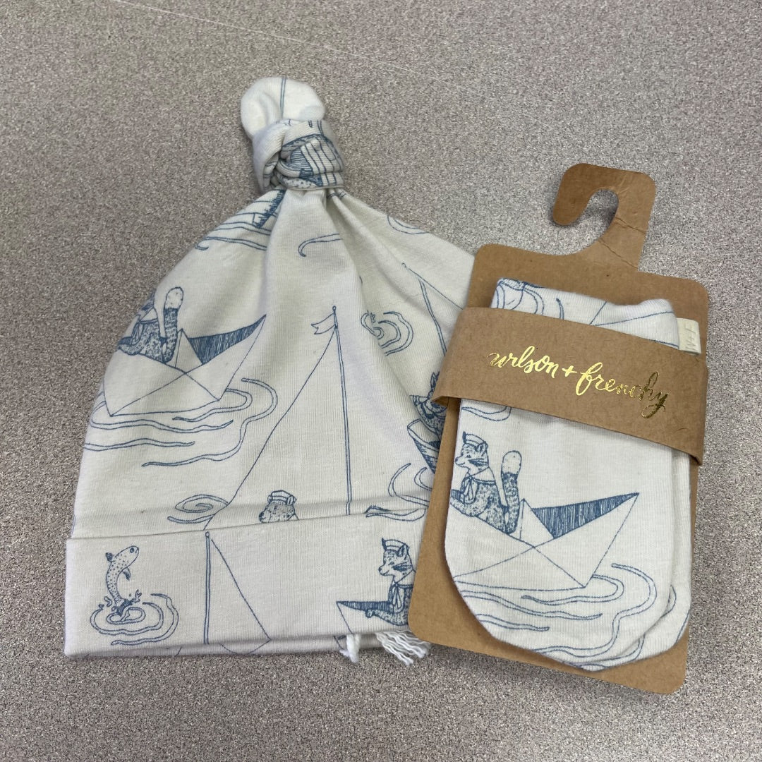 Sail Away Wilson & Frenchy Organic Baby Mittens + Knot Hat, 6-12M