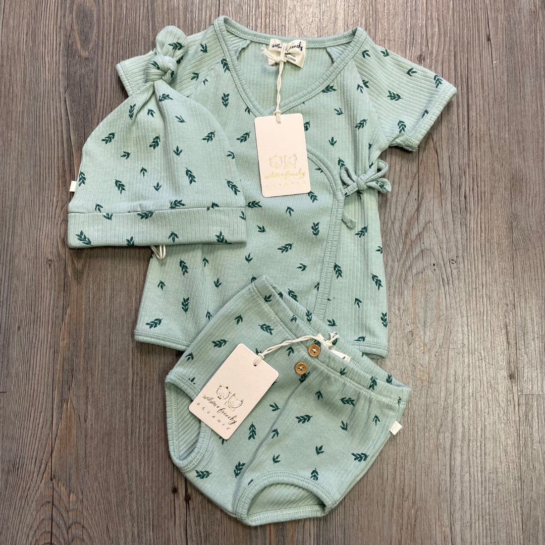 Falling Leaf Wilson & Frenchy Organic Rib Kimono Top + Rib Nappy Pant + Knot Hat, 0-3M