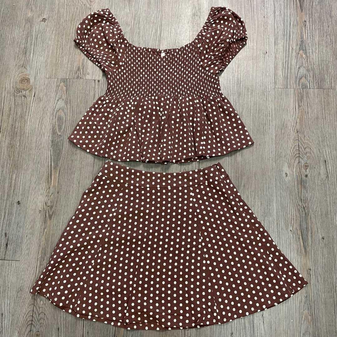 Chocolate Polka Dot Rylee + Cru Flutter Top+ Rachel Skirt, 12Y