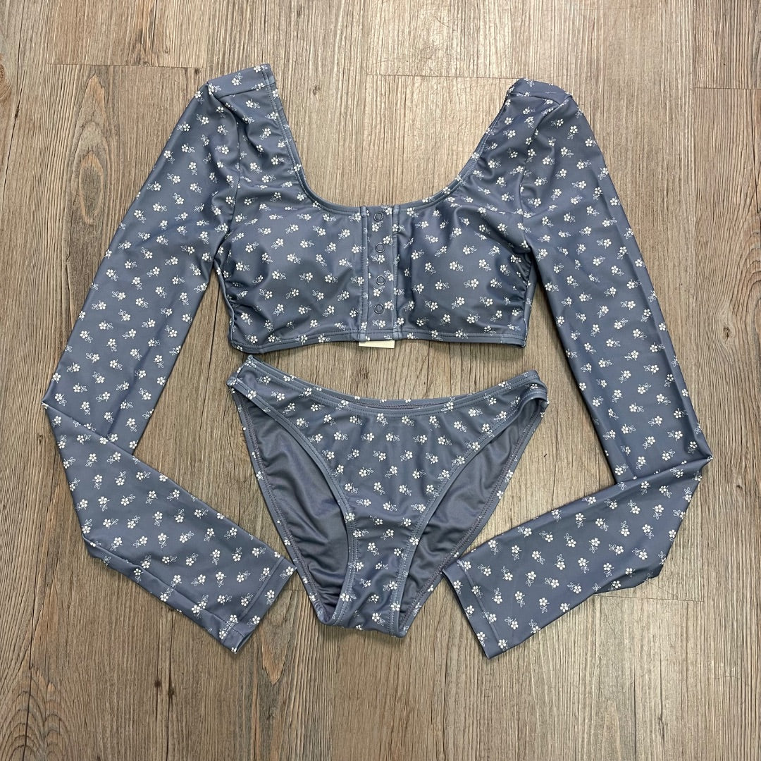 Navy floral Rylee + Cru Long Sleeve Bikini Set, 12Y
