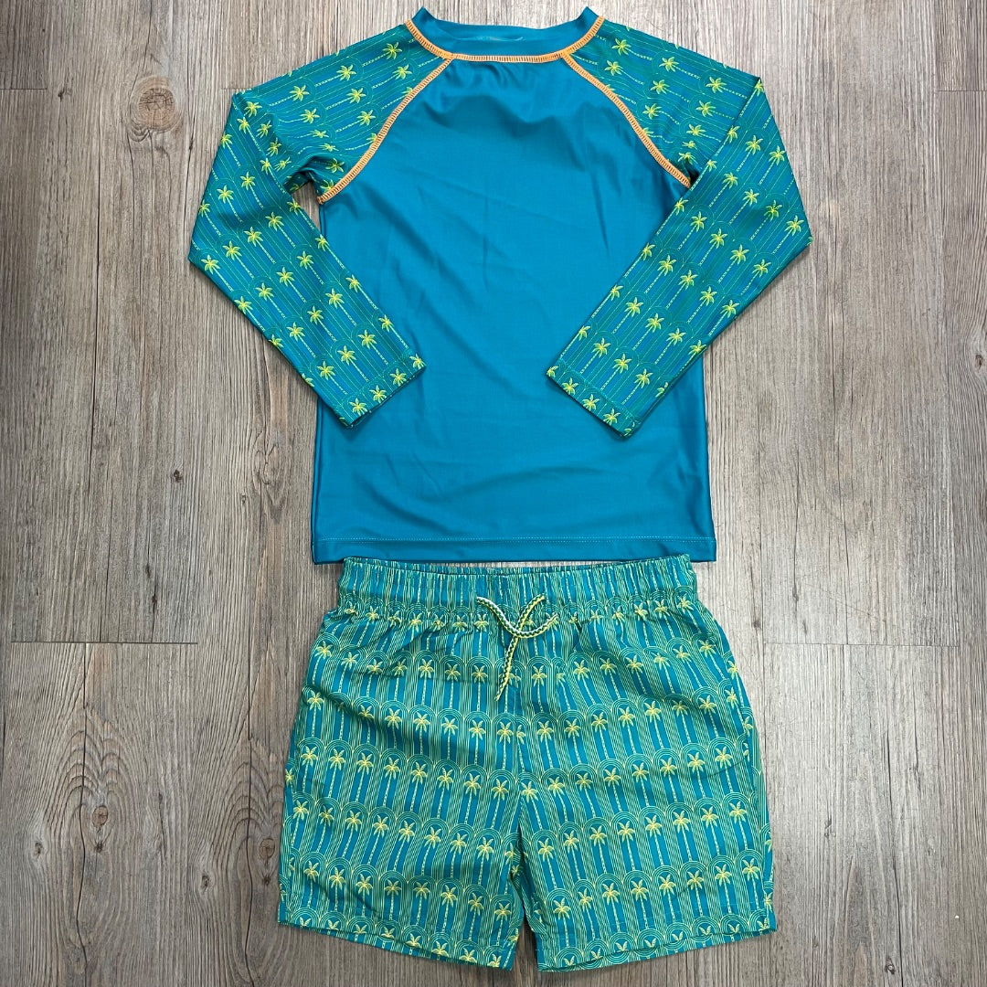 Palm Tree Print Appaman Rashguards Bathingsuit Set, 6Y