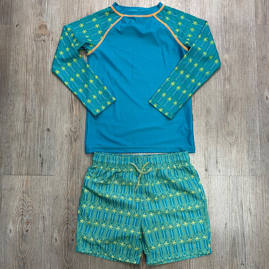 Palm Tree Print Appaman Rashguards Bathingsuit Set, 6Y