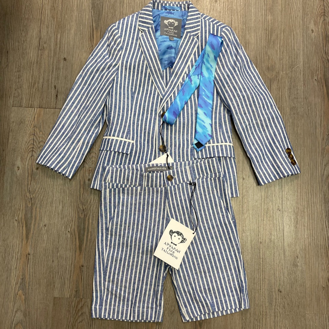 Blue Appaman Linen Canopy Stripe Suit Shorts Set+Neck Tie, 6Y