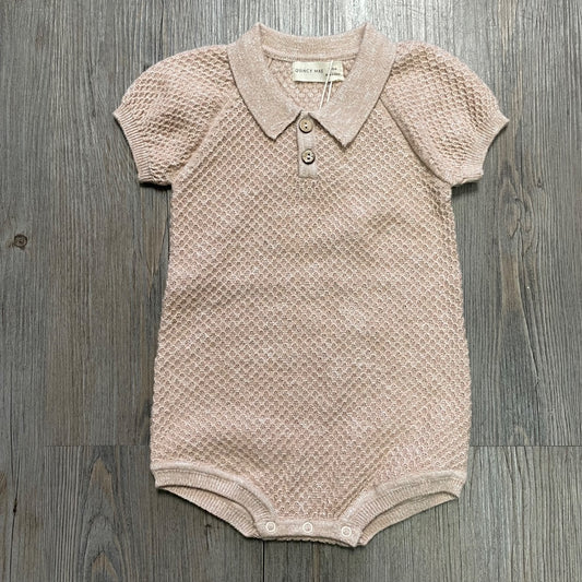 Heathered Latte Quincy Mae Knit Polo Romper, 3-6M