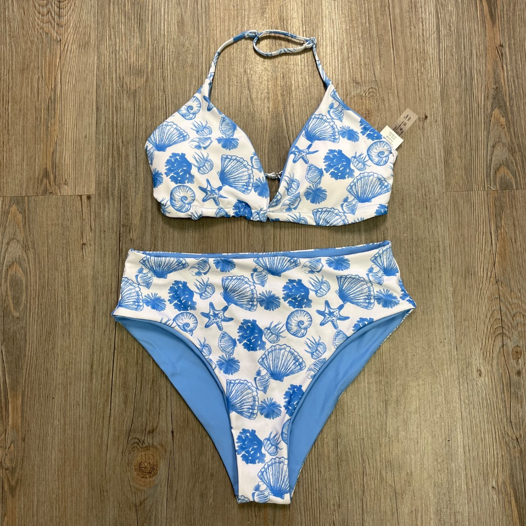 Light Blue Coral Print  2PC Bathing Suits, 16Y