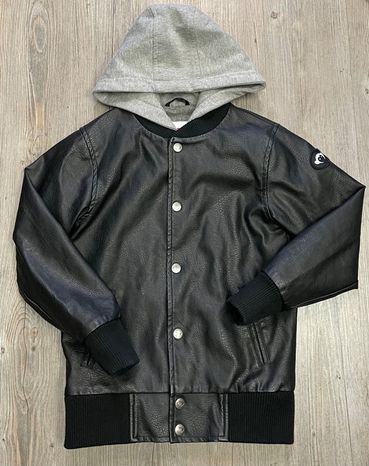 Black Appaman Pleather Zip Hooded Jacket, 8Y