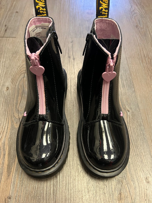 Black with Pink Hearts Dr Martens Patent Leather Boots, 1Y