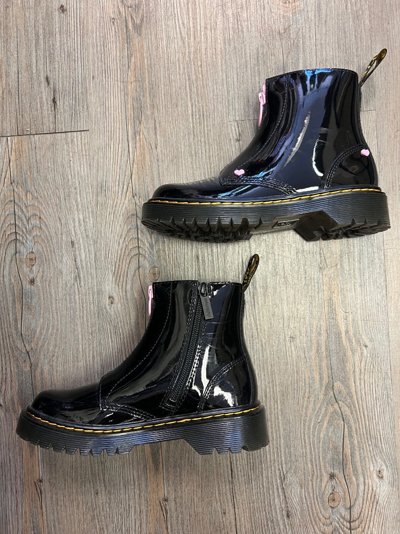 Black with Pink Hearts Dr Martens Patent Leather Boots, 1Y