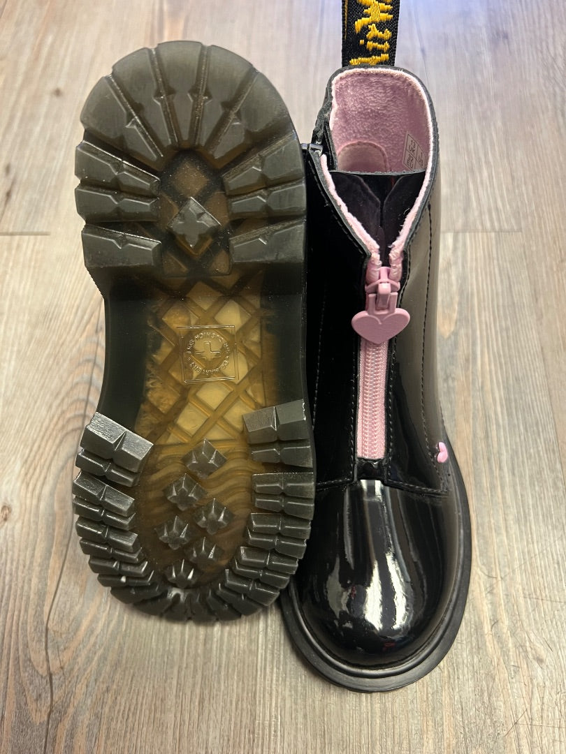 Black with Pink Hearts Dr Martens Patent Leather Boots, 1Y