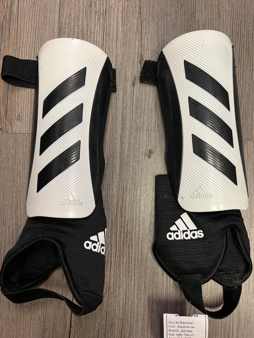 Black/White Adidas Shin Guards, Youth Medium