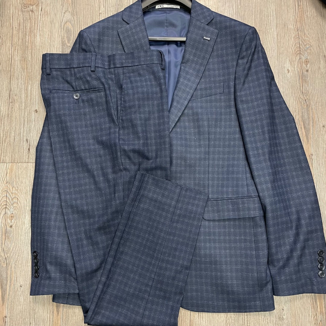 Navy Check Zara Dress Suit Set, 38 Blazer 38 Pants