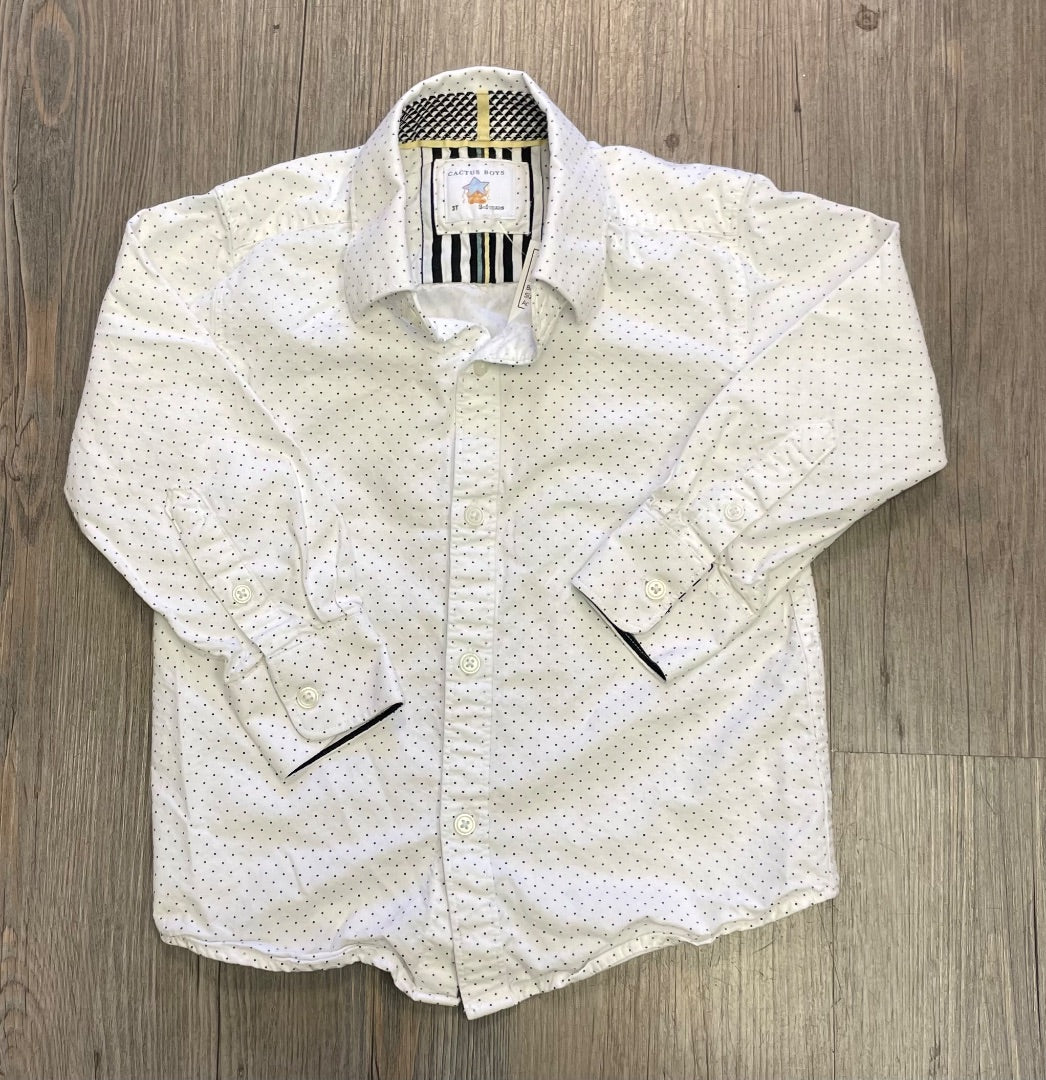 White Polka Dots Cactus Boys LS Shirt, 3Y