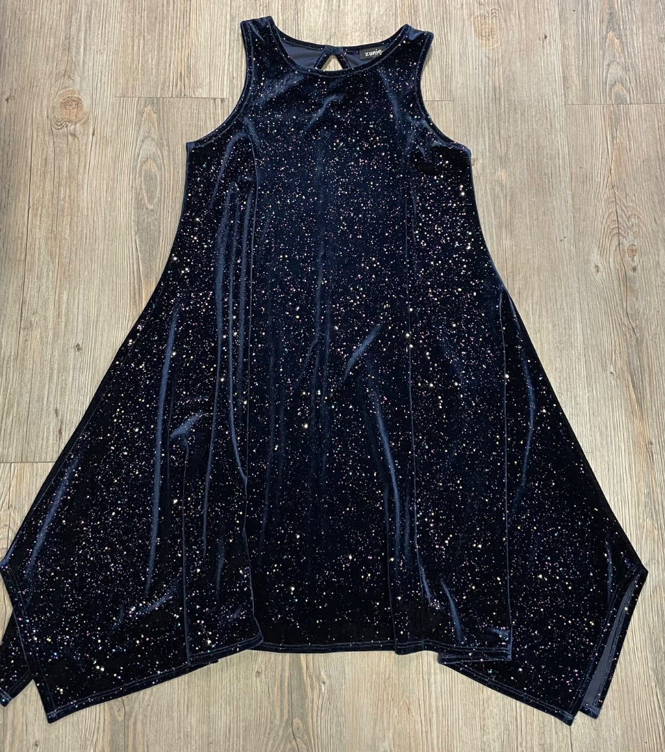Navy Zunie Sleeveless Velour Glitter Dress, 12Y