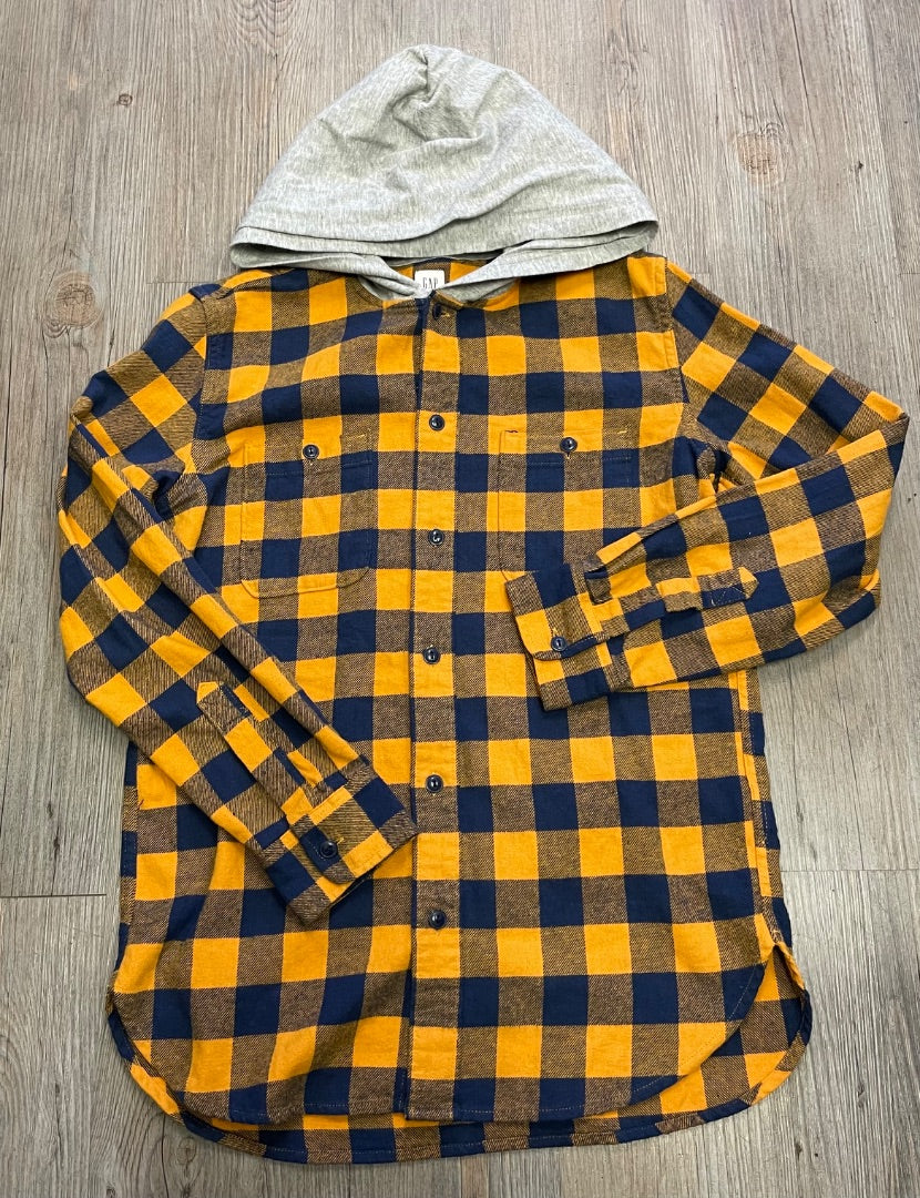 Gold/Navy Gap Plaid Fleece Hoodie Shirt, 12-13Y