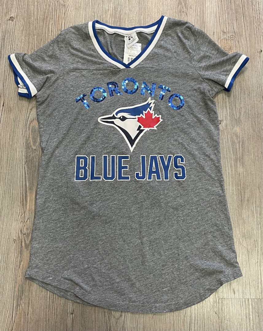 Grey Pink Victoria Secret Blue Jays V Neck Tee, XS