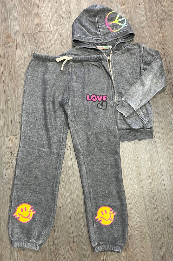 Grey Vintage Havana 2 Pcs Zip Up Hoodie & Sweatpants Set, 10-12Y