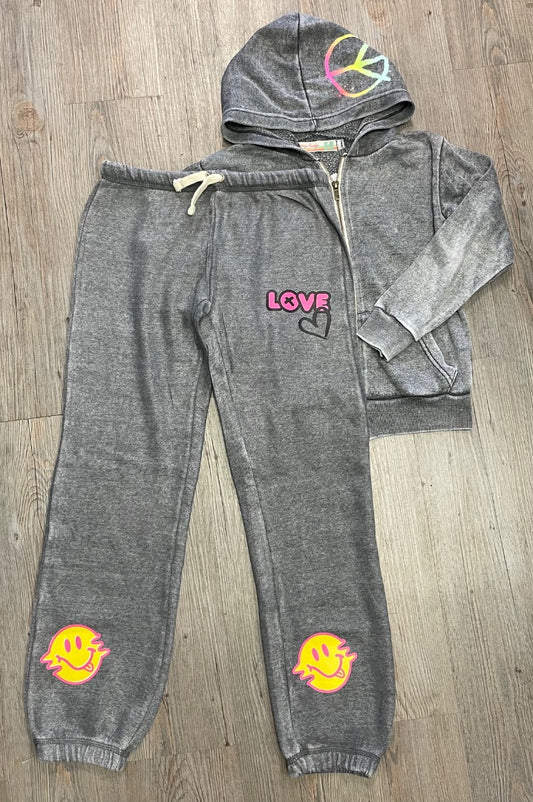 Grey Vintage Havana 2 Pcs Zip Up Hoodie & Sweatpants Set, 10-12Y