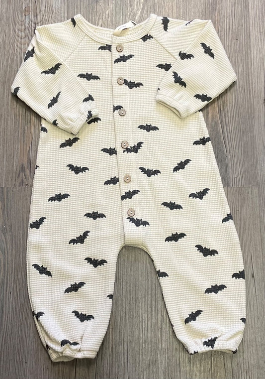 Beige Quincy Mae Waffle LS Jumpsuit Bats, 3-6M
