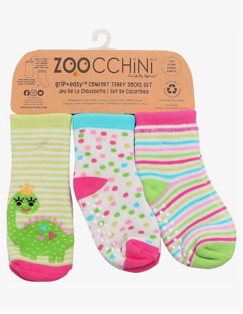 Green Dino Princess Zoocchini 3 Pair Grip + Easy Terry Sock Set, 0-2Y