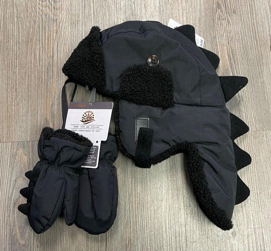 Black CaliKids Water Repellent Fleece Lined Dinosaur Hat/Mitten Set, 18M-3Y