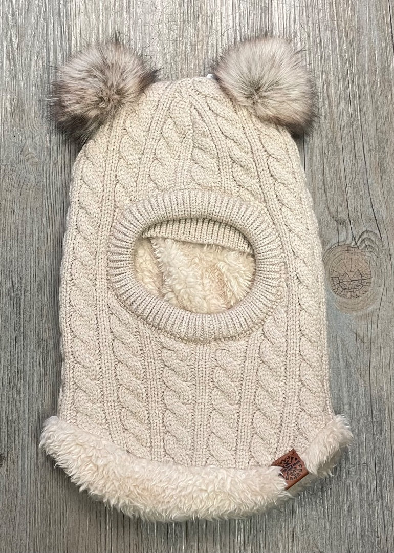 Beige CaliKids Knit Balaclava with Fur Poms , 9-24M