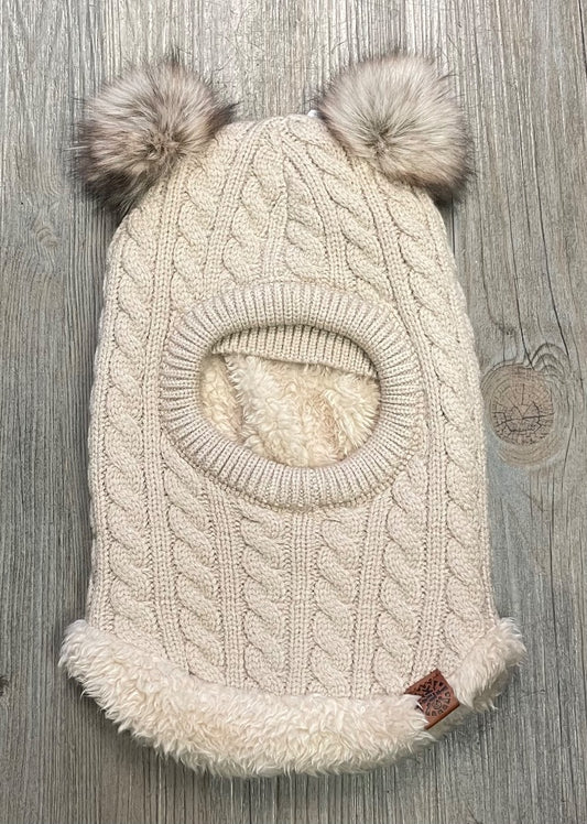 Beige CaliKids Knit Balaclava with Fur Poms , 9-24M