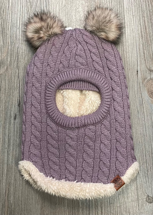 Lilac CaliKids Knit Balaclava with Fur Poms , 9-24M