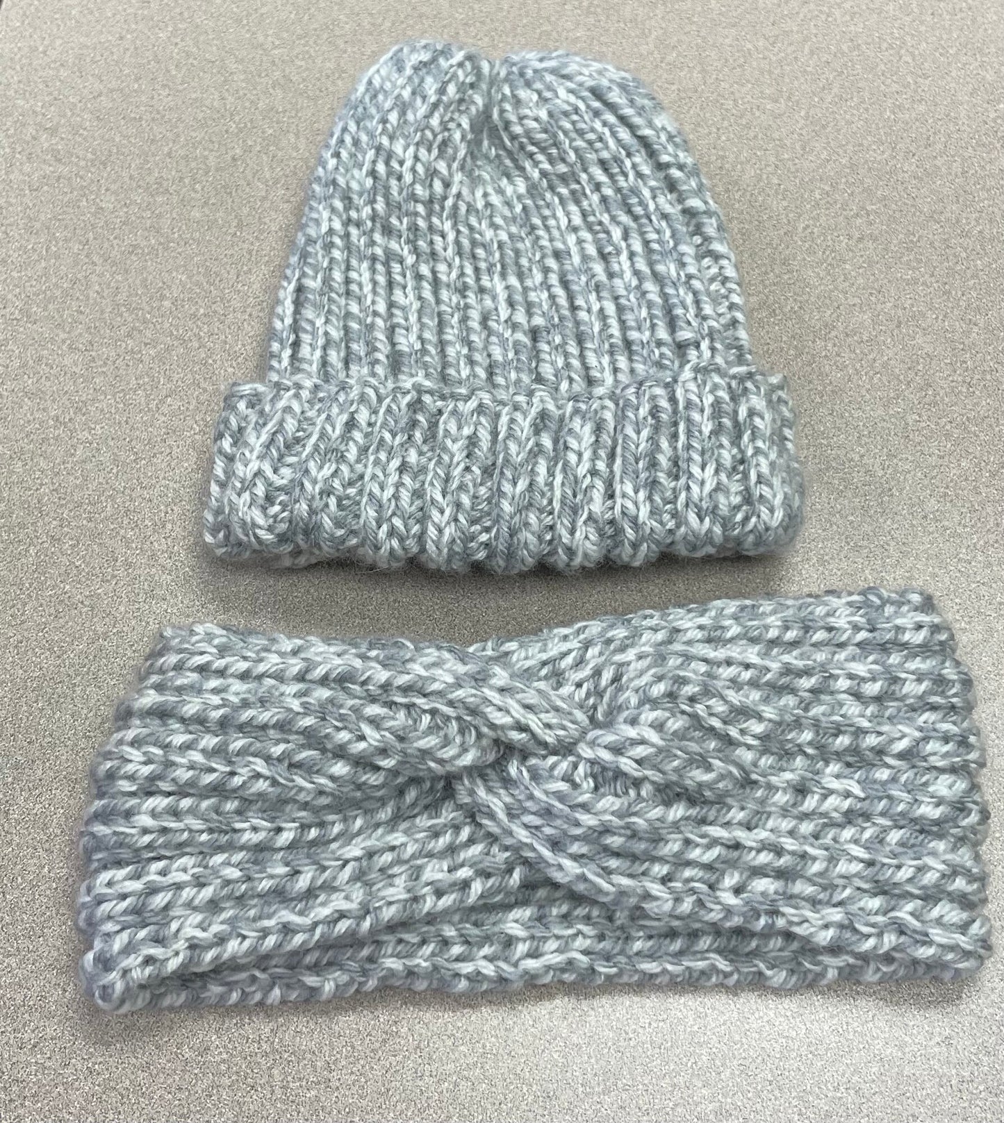 Grey  Knit Hat And Headband, 9-12M