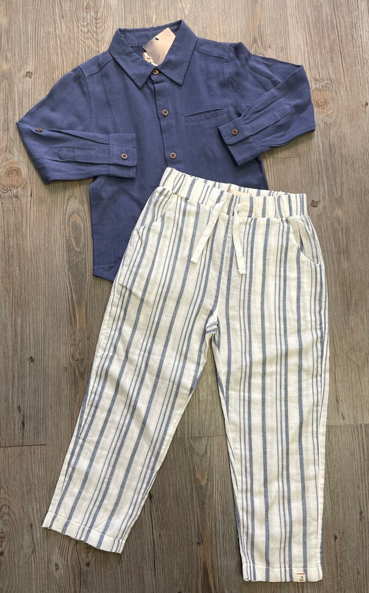 Cream/Bl  Me & Henry Linen 2pcs Set, 4-5Y