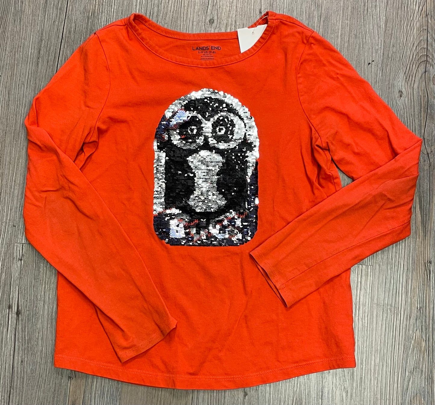 Orange  Lands End Sequins LS Tee, 7-8Y
